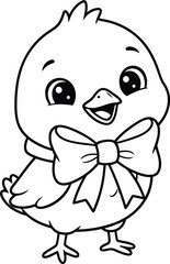 Obraz premium Cute Baby Chick Wearing Large Bow Tie, Happy Cartoon Bird Character, Hand Drawn Outline Illustration for Children’s Coloring Page and Nursery Design