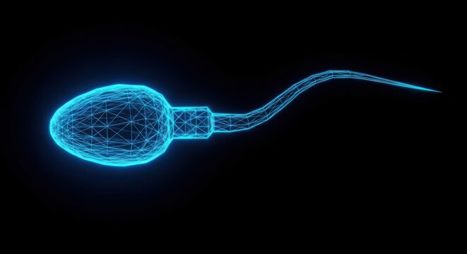 Blue digital wireframe sperm cell on a black background illustration
