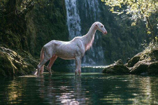 Unheimliches wei&szlig;es Kelpie-Wasserwesen in einem klaren Fluss vor einem nebligen Wasserfall, mythologische Flusskreatur, KI-generiert