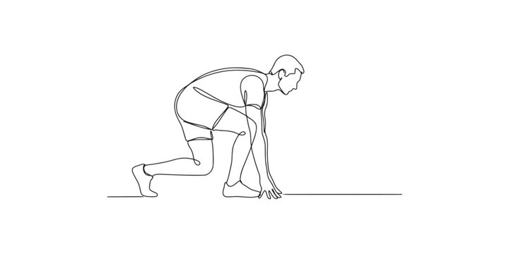 Continuous single line drawing of a man in starting position ready to run