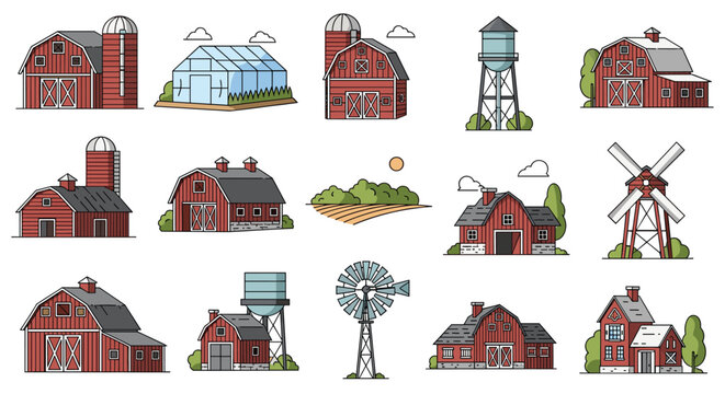 Diverse collection of red wooden farm buildings including barns silos windmills greenhouses and water towers.