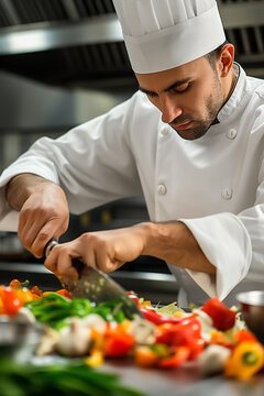 Professional chef chopping fresh colorful vegetables in a commercial restaurant kitchen