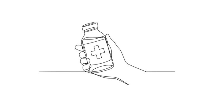 Continuous line drawing of a human hand holding a medical medicine bottle with a cross symbol for healthcare and pharmacy concepts