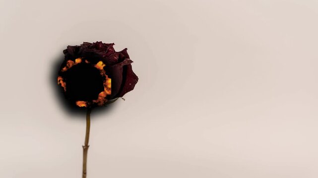 Burning rose transforms into ashes at an art studio in spring