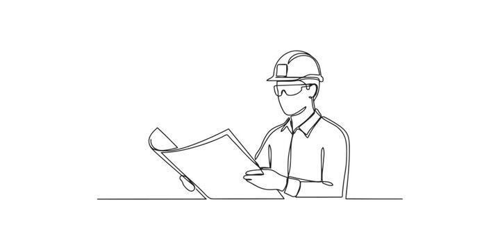 Continuous line drawing of an engineer wearing a hard hat and protective glasses looking at a construction blueprint design plan
