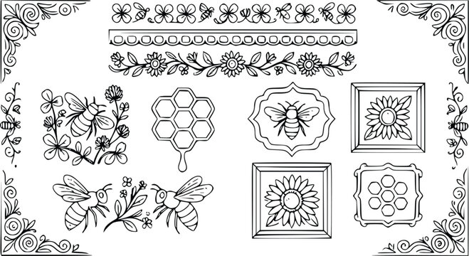 Detailed honey bee vector graphic illustration set features floral borders, rustic sunflower frames, honeycomb patterns, and charming whimsical insect designs
