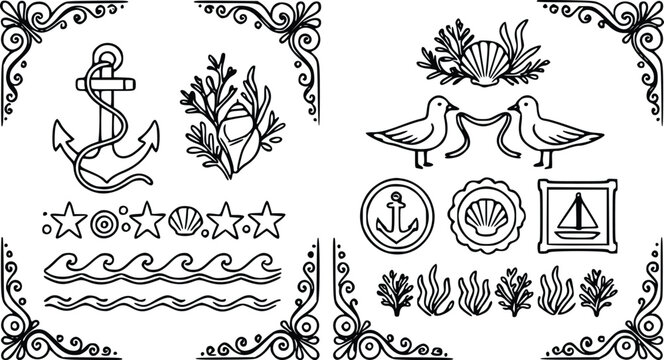 Nautical vector illustration set featuring black line art icons of anchors, seagulls, shells, and waves on a white background