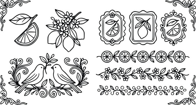 Decorative lemon vector illustration set featuring ornate floral borders birds and citrus fruit motifs designed for creative branding design projects