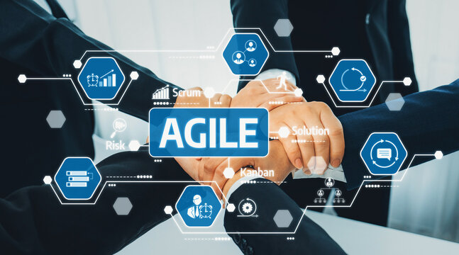 This image illustrates collaboration in agile project management, showcasing teamwork and various methodologies like Scrum and Kanban in a business setting for better solutions. Amity