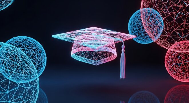 Neon wireframe graduation cap with glowing spheres on black background illustration