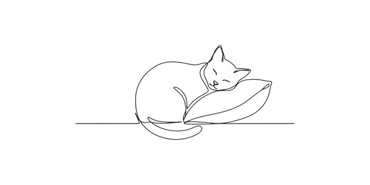 Continuous single line drawing of a cute cat sleeping on a soft pillow