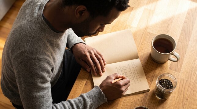 A man sits at a wooden table in natural light, writing in a notebook next to a cup of tea, representing planning and mindfulness.