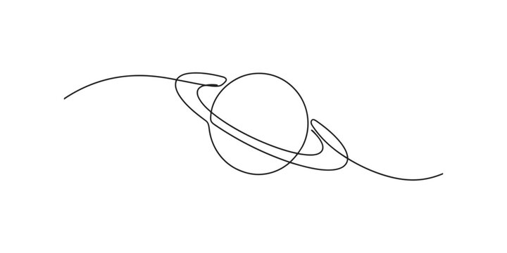 Continuous single line drawing of planet saturn with rings in a simple minimalist style