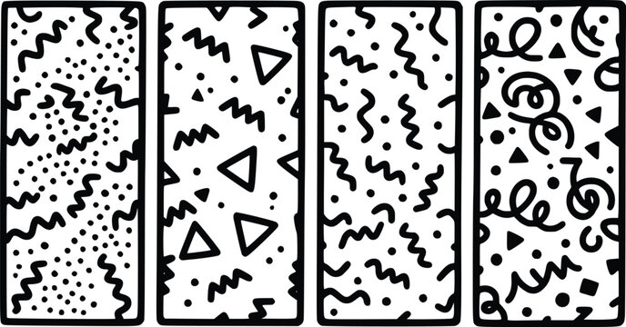 Memphis style vector illustration featuring four vertical banners decorated with playful hand drawn geometric shapes and abstract black line patterns