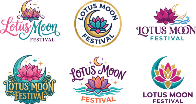 A collection of artistic illustrations featuring the mid autumn festival theme with beautiful lotus flowers and crescent moon designs for seasonal holiday celebrations