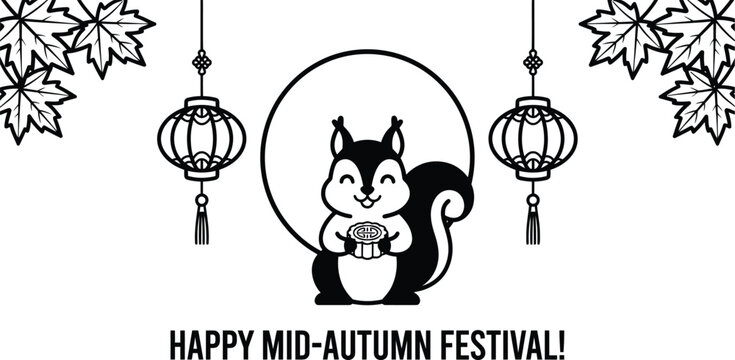 A cute squirrel illustration featuring a full moon and traditional lanterns for the celebration of the beautiful and festive mid autumn festival theme