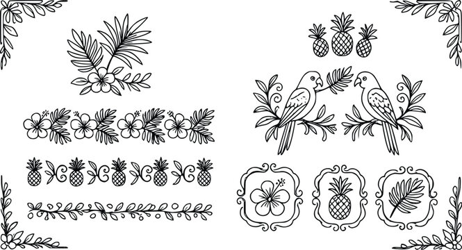 Tropical vector graphic collection featuring hand drawn parrots, hibiscus flowers, decorative borders, pineapples, and palm leaf elements in black ink