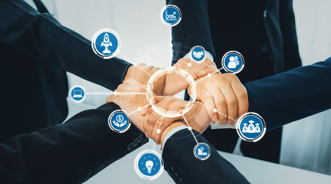 Office worker team stacking hand together symbolize successful group of business partnership and strong collective unity teamwork in community workplace in panoramic banner. Shrewd Amity