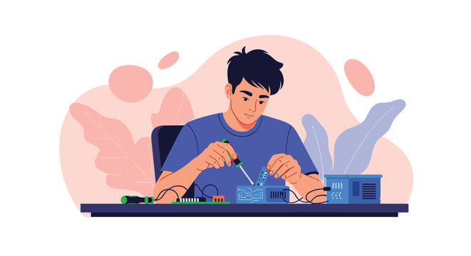 Professional male technician repairing microchip on electronic device using screwdriver at workspace desk.