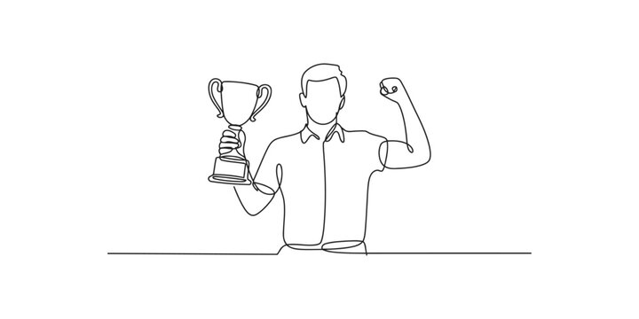 Continuous line drawing of a happy man holding a trophy cup and celebrating success