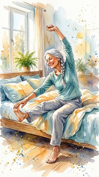 A happy senior woman with a grey braid stretches on her bed in a sunlit room. This watercolor illustration captures the essence of a refreshing morning and healthy self-care routine.