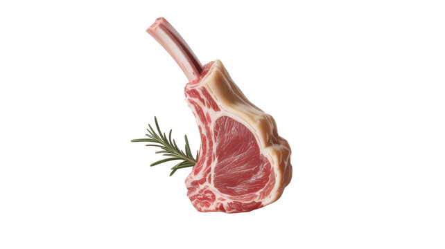 A single raw lamb chop with a bone, garnished with a fresh green rosemary sprig, isolated on a white background, ready for cooking