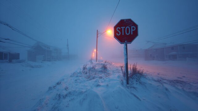 Stop sign on snow-covered street during heavy winter blizzard at night  