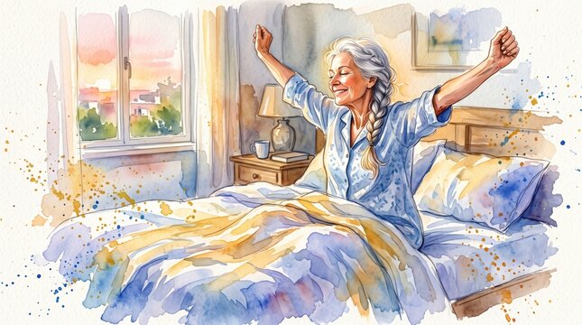 Watercolor illustration of a happy senior woman waking up and stretching in bed. Warm morning light fills the room, symbolizing healthy sleep and mental well-being.