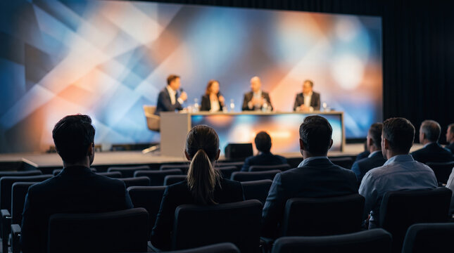Business professionals attending panel discussion at corporate event