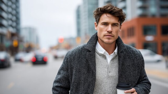Stylish young man confidently walking in a city street holding a coffee cup wearing a fashionable overcoat with a modern urban backdrop. Generative AI