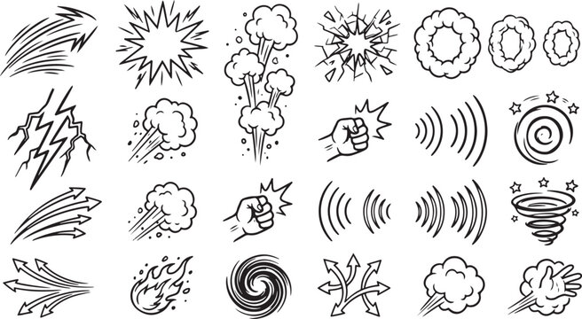 Comic Action Effects Doodle Clipart Set - Speed Lines, Explosion, Smoke