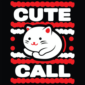 Adorable white cartoon cat illustration with CUTE CALL text and wavy lines perfect for fun designs 