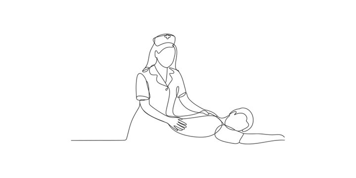 Continuous line drawing of a female nurse giving a back massage to a patient lying down