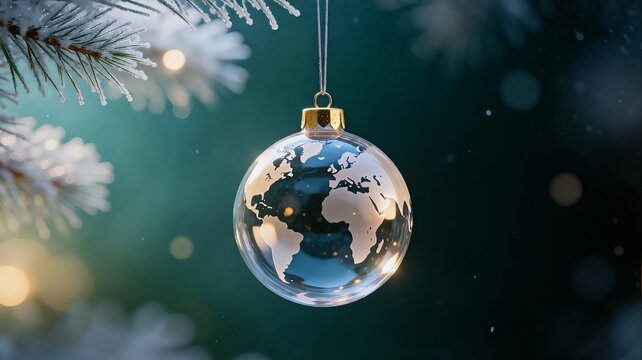 Earth Globe Christmas Ornament Hanging on Snowy Tree Branch