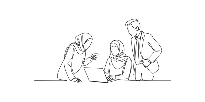 Continuous single line drawing of business people in hijab working together on a laptop computer in the office