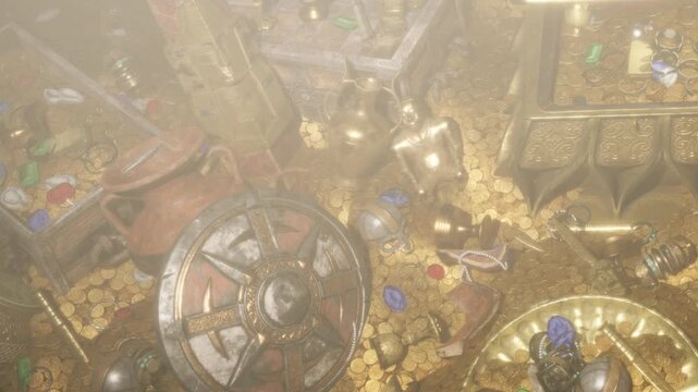 A treasure is found in a cave covered by dust and fog. Gold coins and various artifacts are scattered around. Some items include shields, vases, and colorful stones.