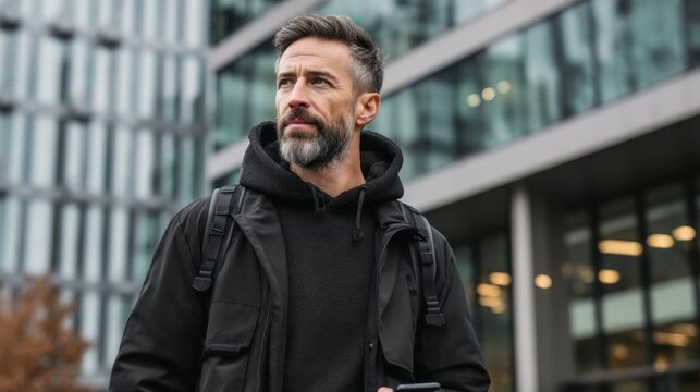 Stylish man in urban outfit standing outside modern office building with thoughtful expression looking away from camera on city street. Generative AI