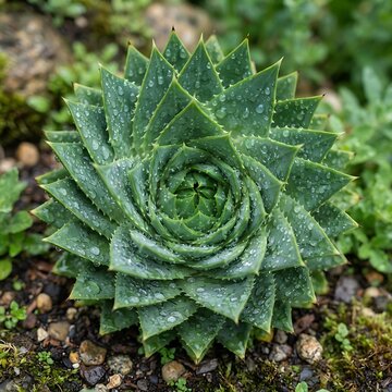 A close-up view of a green succulent plant with sharp pointed leaves covered in morning dew drops, growing in dark soil in a garden environment