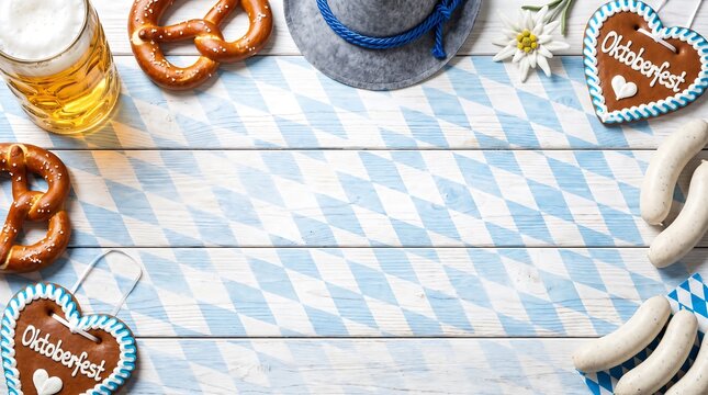 Oktoberfest Background Flat Lay with Beer, Pretzels, Weisswurst and Copy Space