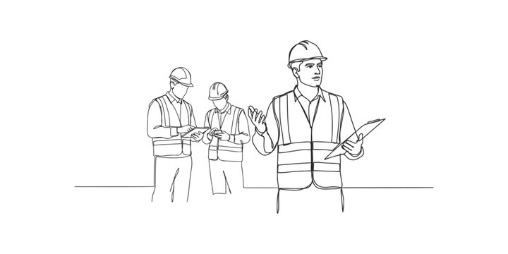 Three construction workers wearing safety vests and hard hats discussing a project plan with a clipboard and tablet