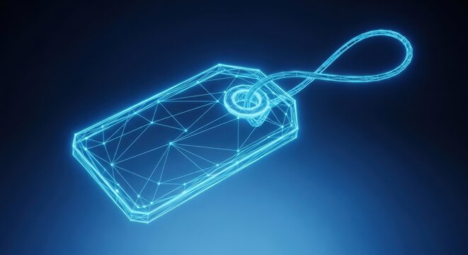 Glowing blue digital price tag icon with geometric wireframe mesh design illustration