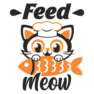 Cute cartoon cat chef wearing a white hat and holding an orange fish with feed meow text T-shirt Design