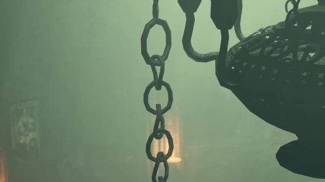 A metal chandelier hangs from the ceiling in a dark room. Chains support the light fixture while fog fills the space. A warm glow shines from behind, adding to the mysterious atmosphere.