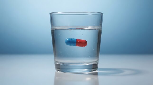 A single red and blue capsule pill floating inside a clear glass filled with water against a solid light blue background, in a studio setting