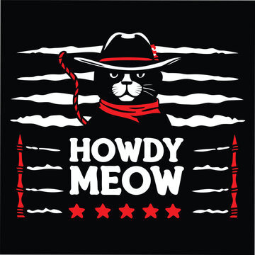 Grumpy Black Cat wearing a Cowboy Hat with a Red Scarf and Howdy Meow text T-shirt Design
