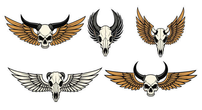 Gothic style winged animal buffalo skulls with long horns and feathers designed for tattoos or emblem labels.