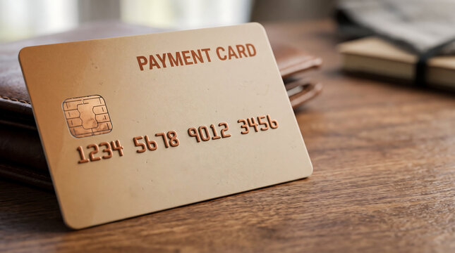 A golden payment card with a chip and numbers rests on a textured surface, hinting at financial transactions
