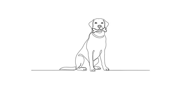 Continuous single line drawing of a cute dog sitting and holding a bone in its mouth