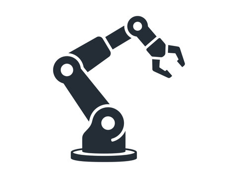 Industrial robotic arm icon, black mechanical manipulator vector, automated factory robot for manufacturing and assembly