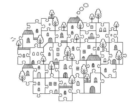 Jigsaw Puzzle Houses &ndash; Connected Community Conceptual Illustration
